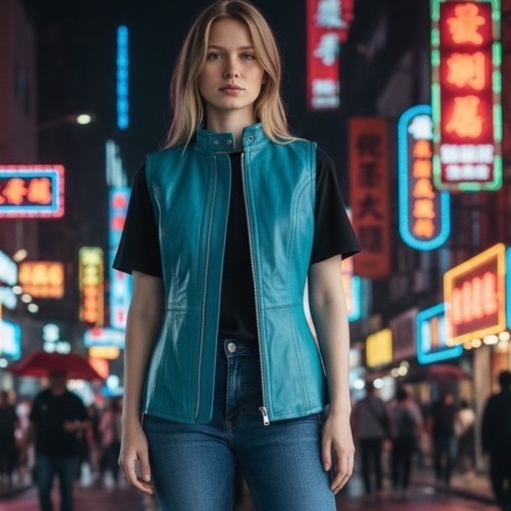 Asaavi Teal Genuine Leather Vest Women's Small Zip Front Y2K Moto Boho